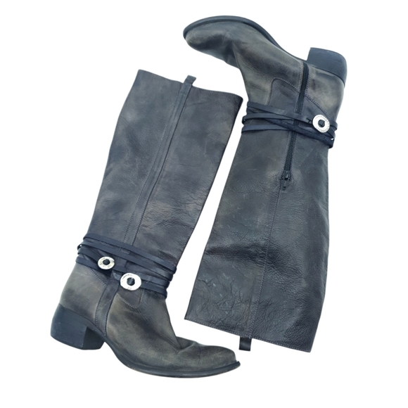 Freebird by Steven Black Brown Leather Knee High Strappy Texan Style Boots Sz 9 - Picture 1 of 12